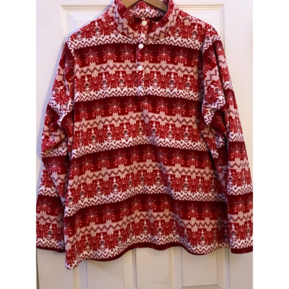 Croft & Barrow Women's Plus 1X Red/White Fair Isle Fleece Mock Neck Pullover
